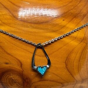 Vintage Sterling Silver Turquoise Heart Pendant Necklace Southwestern Style